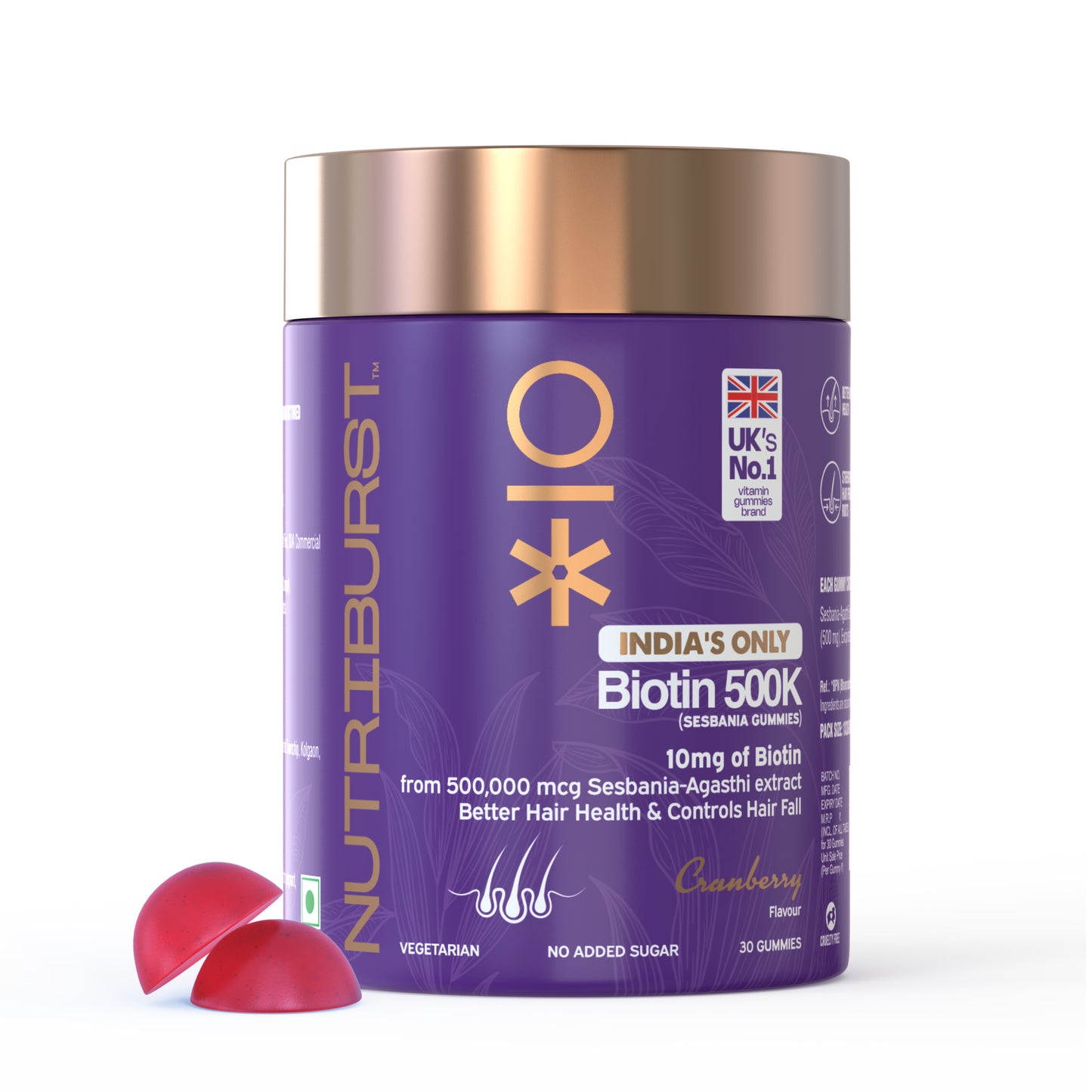 Nutriburst India's Only 10mg Biotin 500K Hair Gummies for Stronger & Shinier Hair | 30 Days Pack