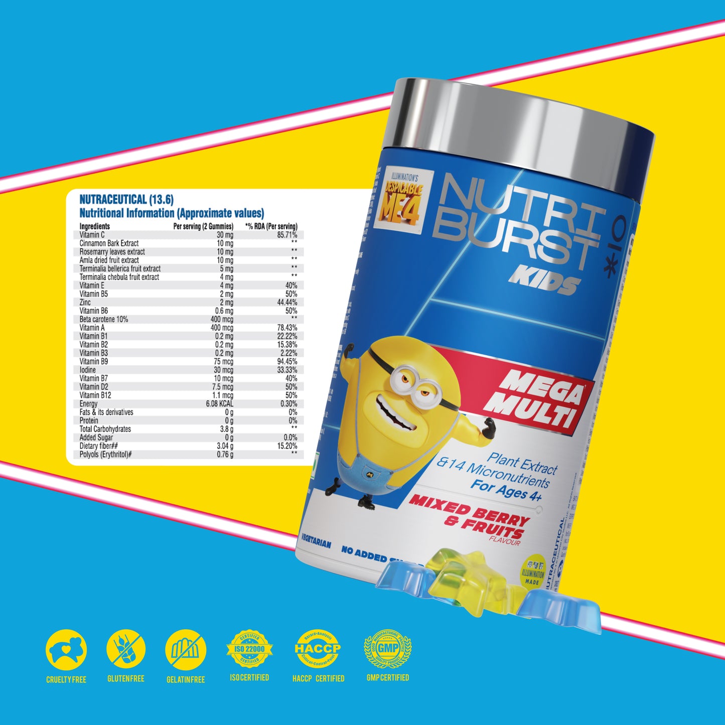 Nutriburst Minions Mega Multi Kids Gummies - 13 Essential Vit & Mins for Growth & Immune Support - Sugar-Free, Gluten-Free, Mixed Fruit Flavor, Chewable, Vegan - For Kids Aged 4+