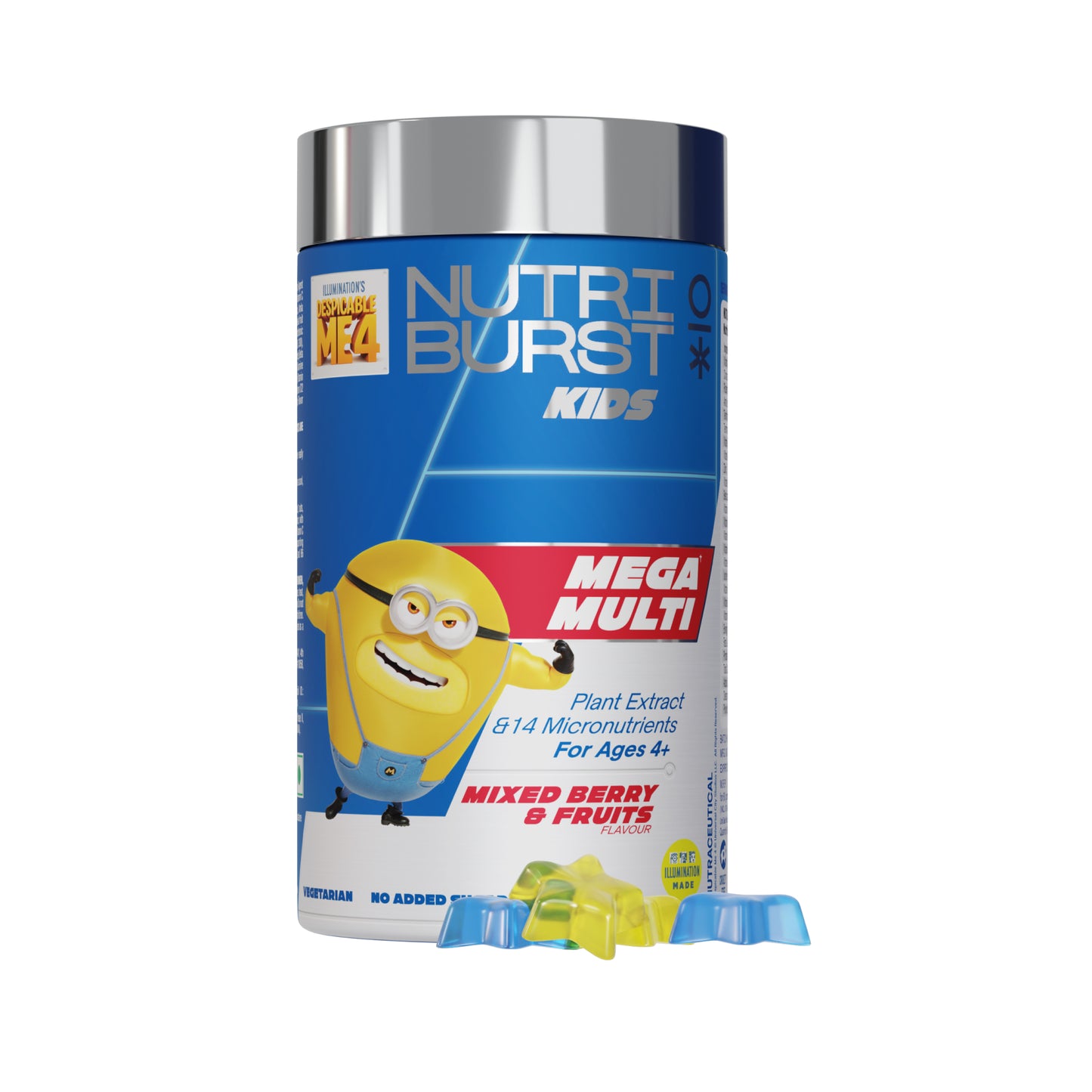 Nutriburst Minions Mega Multi Kids Gummies - 13 Essential Vit & Mins for Growth & Immune Support - Sugar-Free, Gluten-Free, Mixed Fruit Flavor, Chewable, Vegan - For Kids Aged 4+
