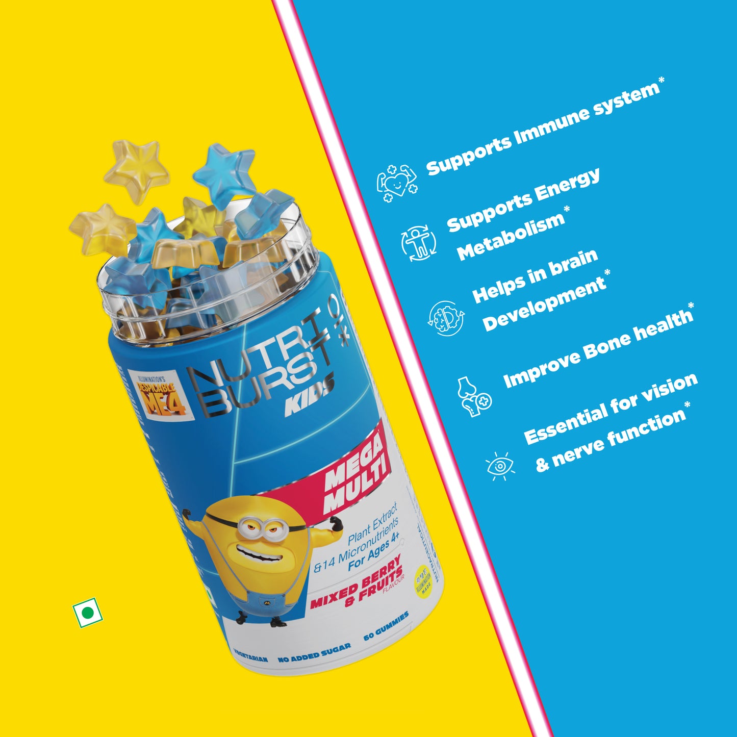 Nutriburst Minions Mega Multi Kids Gummies - 13 Essential Vit & Mins for Growth & Immune Support - Sugar-Free, Gluten-Free, Mixed Fruit Flavor, Chewable, Vegan - For Kids Aged 4+