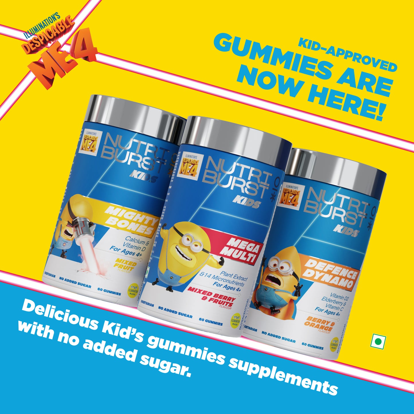 Nutriburst Minions Mega Multi Kids Gummies - 13 Essential Vit & Mins for Growth & Immune Support - Sugar-Free, Gluten-Free, Mixed Fruit Flavor, Chewable, Vegan - For Kids Aged 4+