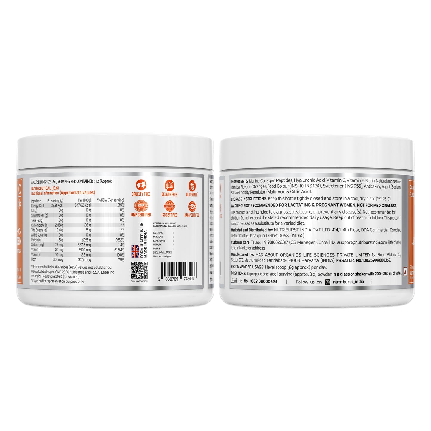 Nutriburst Pure Japanese Marine Collagen Peptides Supplement for Skin, Hair, Nails & Joints with Shaker | Clinically Proven Ingredient | High Absorption 8 gms Collagen, 100 gms