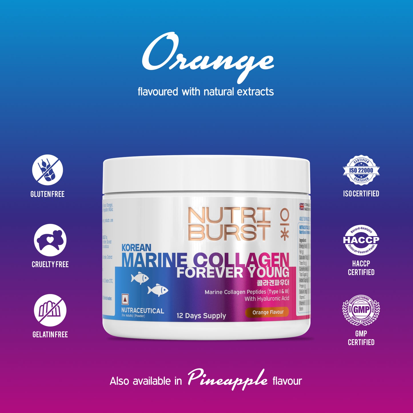 Nutriburst Korean Marine Collagen Peptides Supplement for Skin, Hair, Nails & Joints | Clinically Proven Ingredient | High Absorption 8 gms Collagen, 100 gms