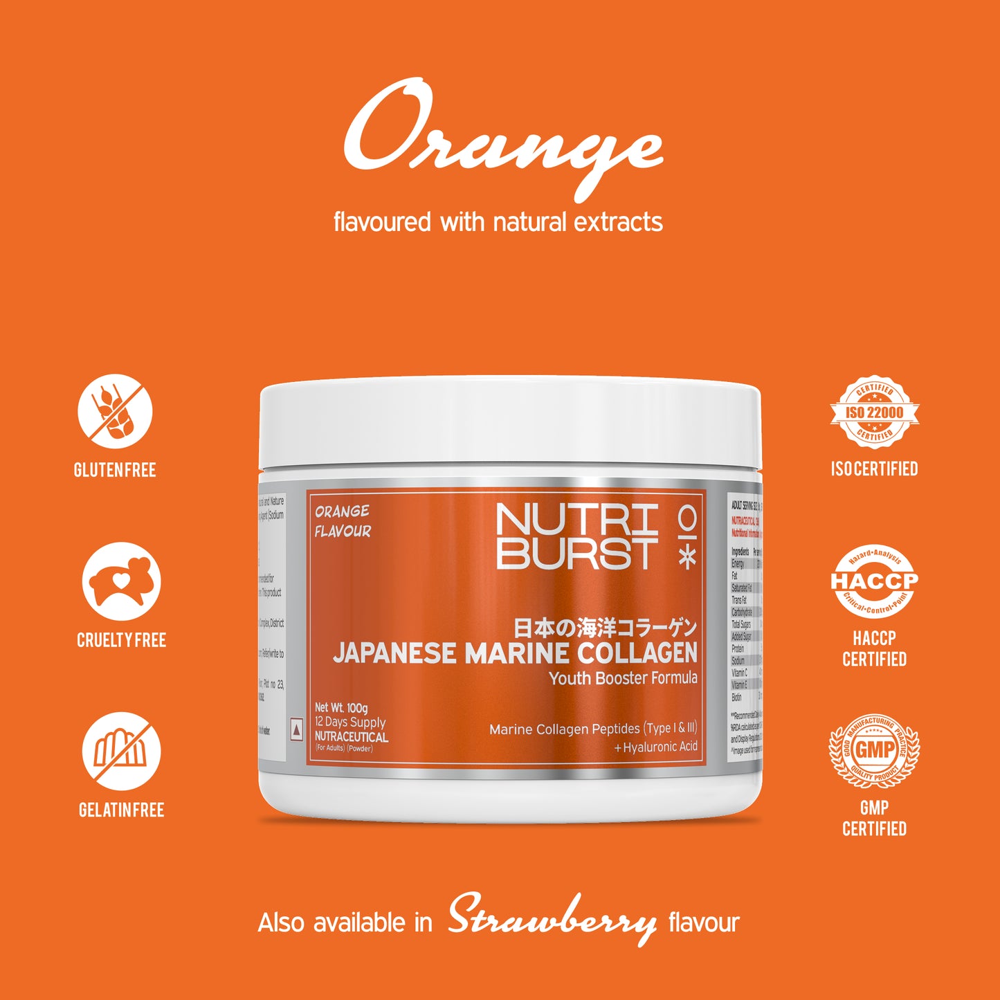 Nutriburst Pure Japanese Marine Collagen Peptides Supplement for Skin, Hair, Nails & Joints with Shaker | Clinically Proven Ingredient | High Absorption 8 gms Collagen, 100 gms