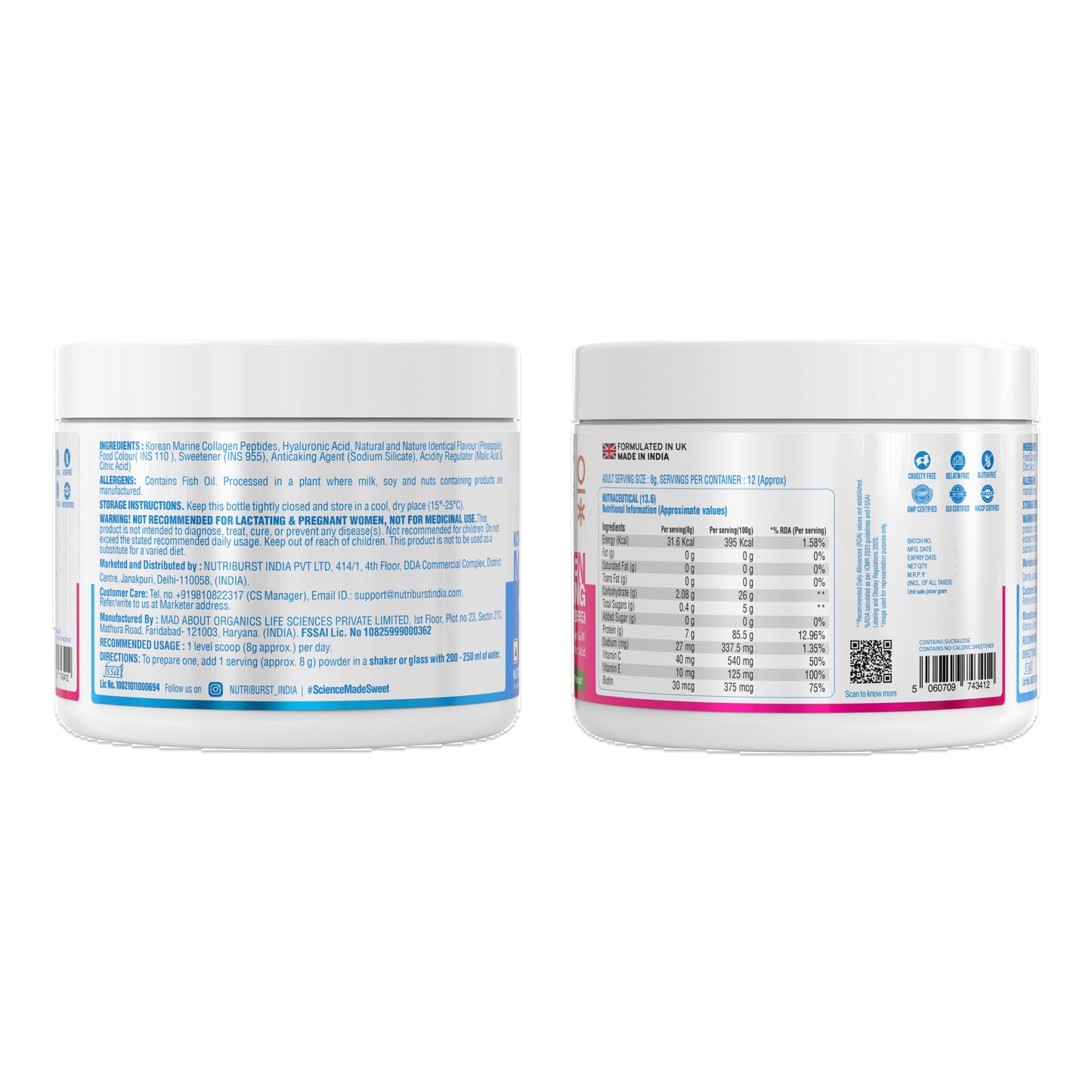 Nutriburst Korean Marine Collagen Peptides Supplement for Skin, Hair, Nails & Joints | Clinically Proven Ingredient | High Absorption 8 gms Collagen, 100 gms