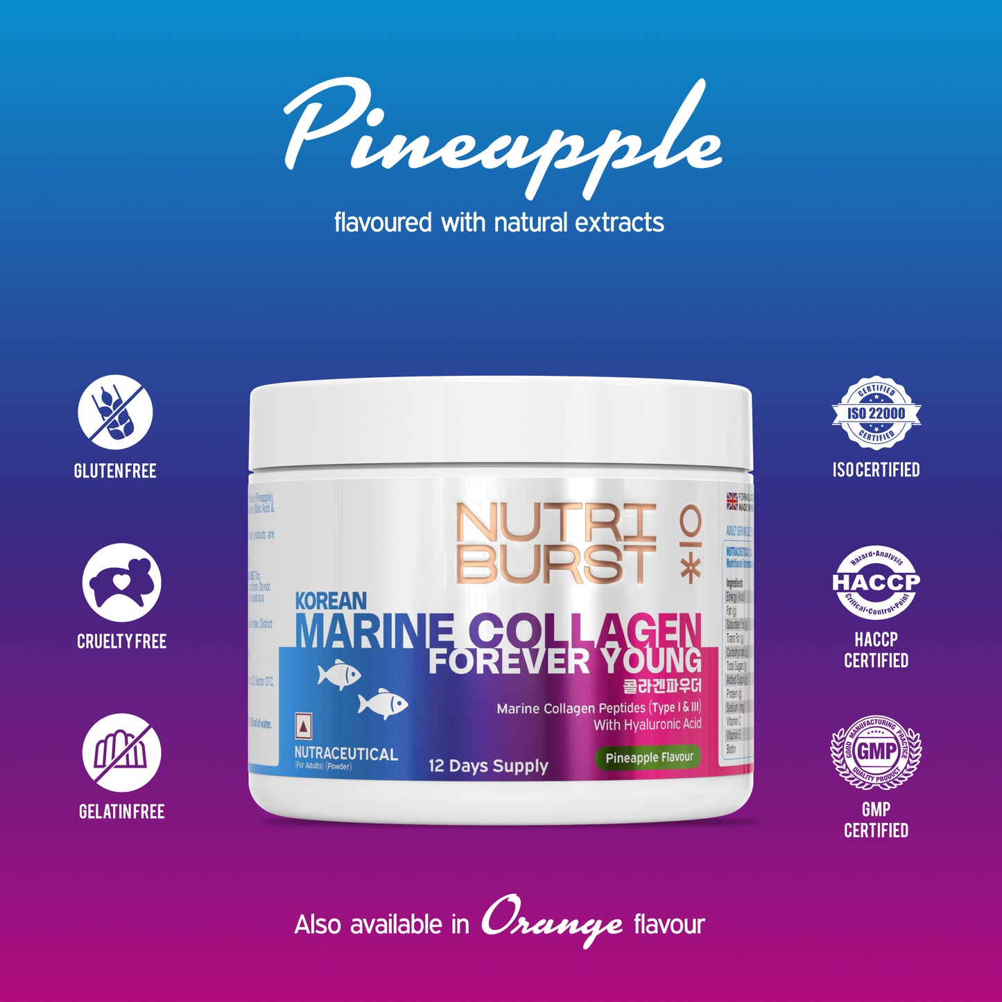 Nutriburst Korean Marine Collagen Peptides Supplement for Skin, Hair, Nails & Joints | Clinically Proven Ingredient | High Absorption 8 gms Collagen, 100 gms