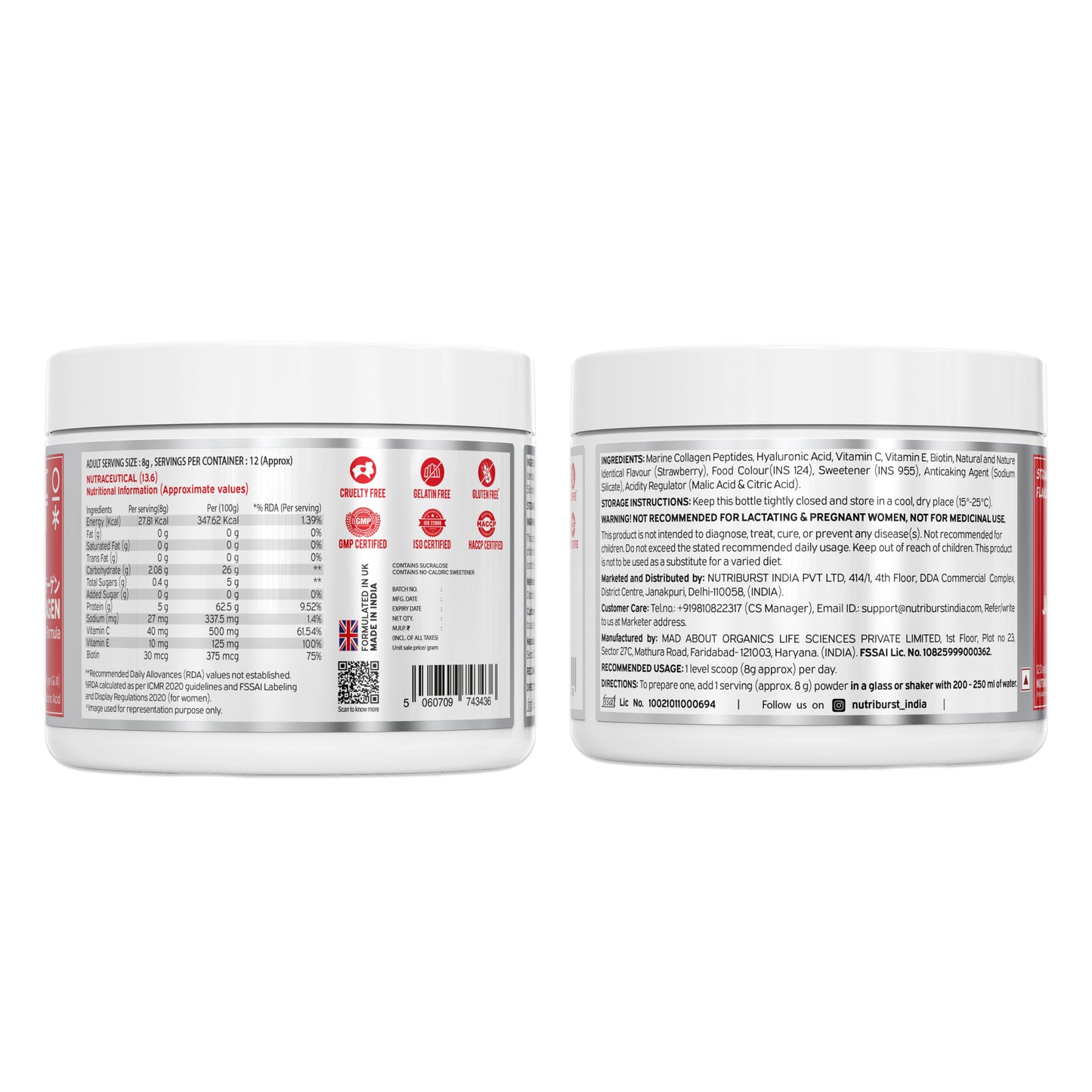 Nutriburst Pure Japanese Marine Collagen Peptides Supplement for Skin, Hair, Nails & Joints with Shaker | Clinically Proven Ingredient | High Absorption 8 gms Collagen, 100 gms