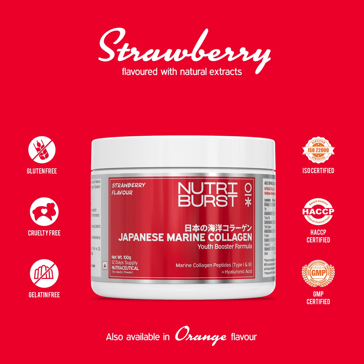 Nutriburst Pure Japanese Marine Collagen Peptides Supplement for Skin, Hair, Nails & Joints with Shaker | Clinically Proven Ingredient | High Absorption 8 gms Collagen, 100 gms