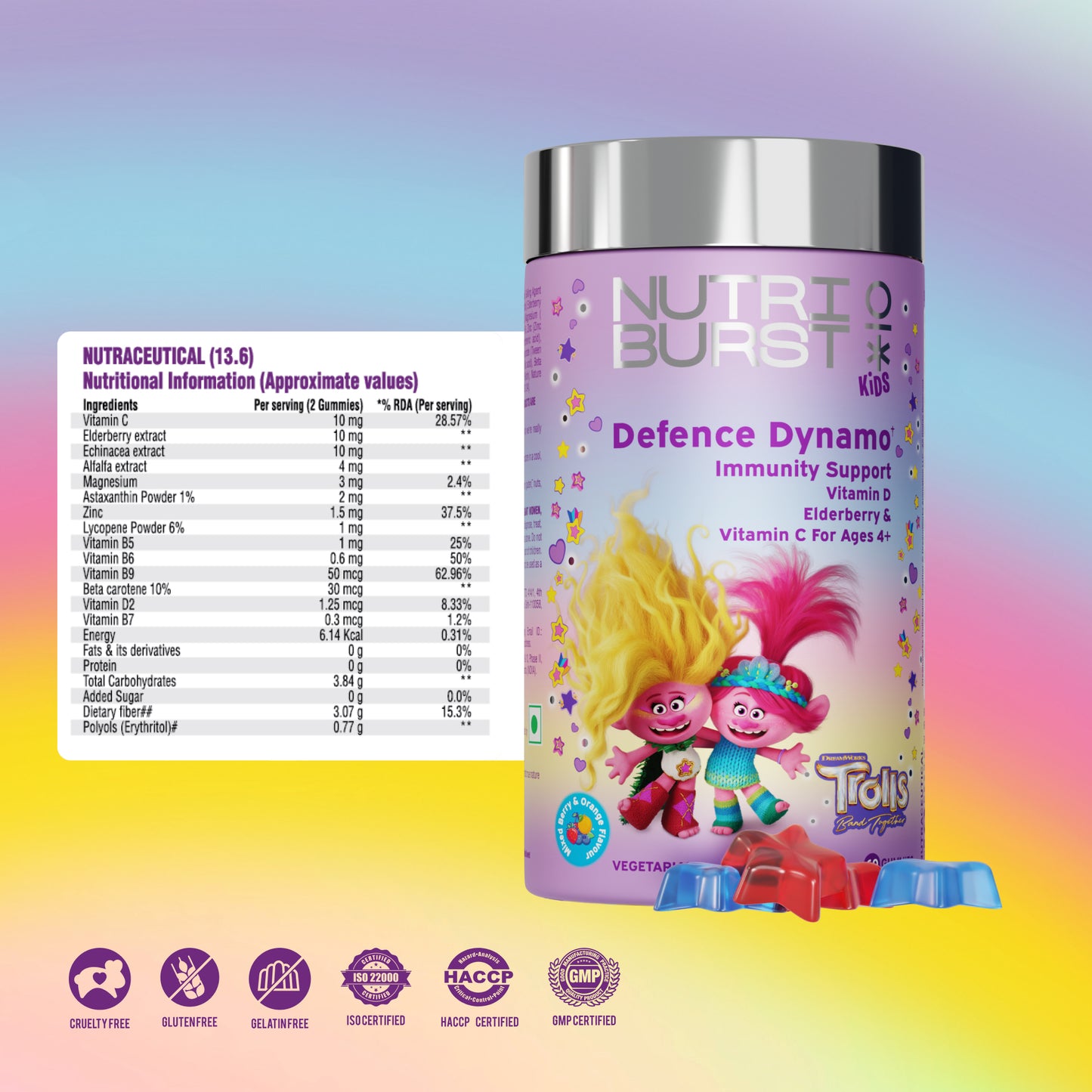 Nutriburst Defence Dynamo Trolls Gummies - Immune Boost with Vit D, C & Black Elderberry Extract - Chewable Vegan Supplement - Mixed Fruit Flavor - For Kids Aged 4+