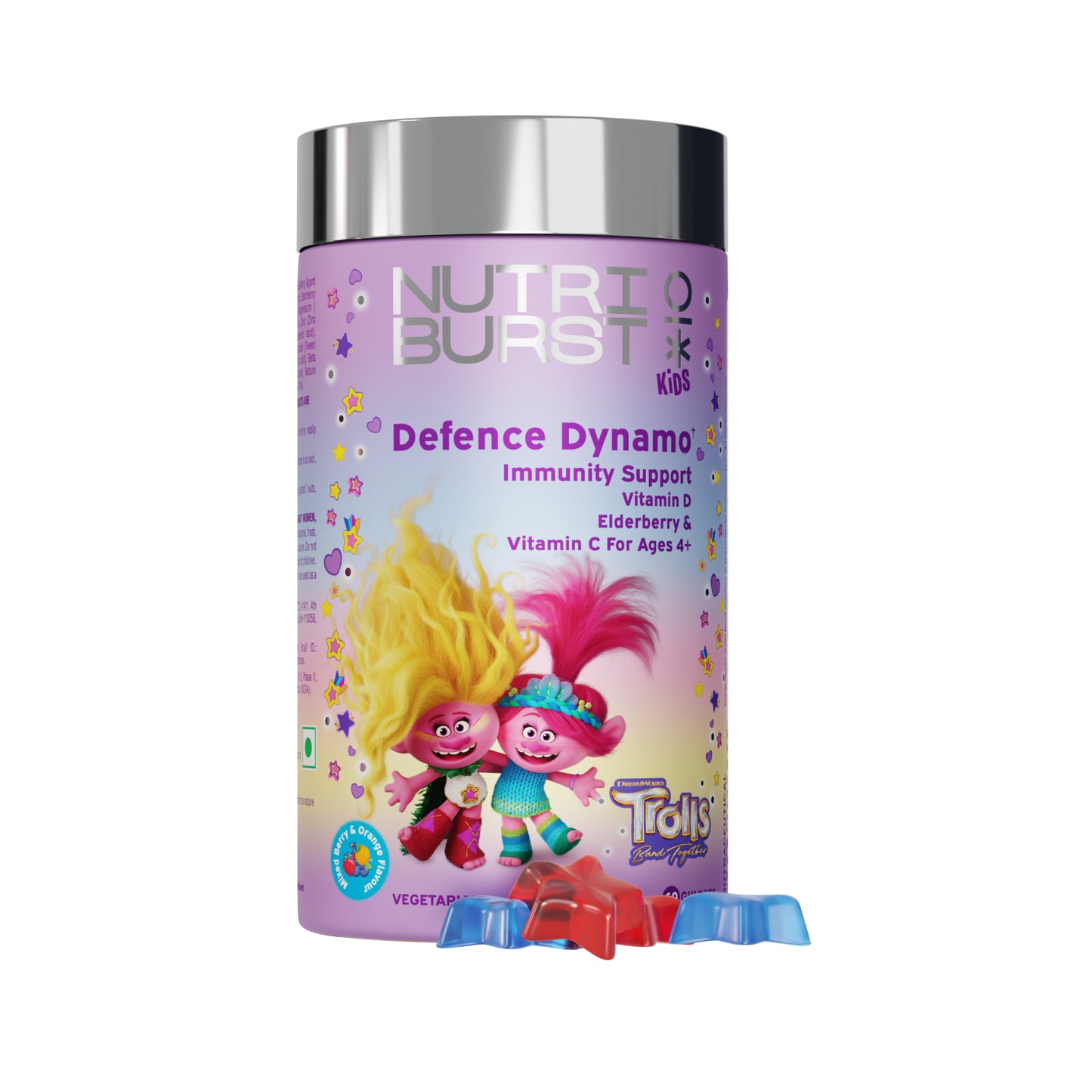 Nutriburst Defence Dynamo Trolls Gummies - Immune Boost with Vit D, C & Black Elderberry Extract - Chewable Vegan Supplement - Mixed Fruit Flavor - For Kids Aged 4+