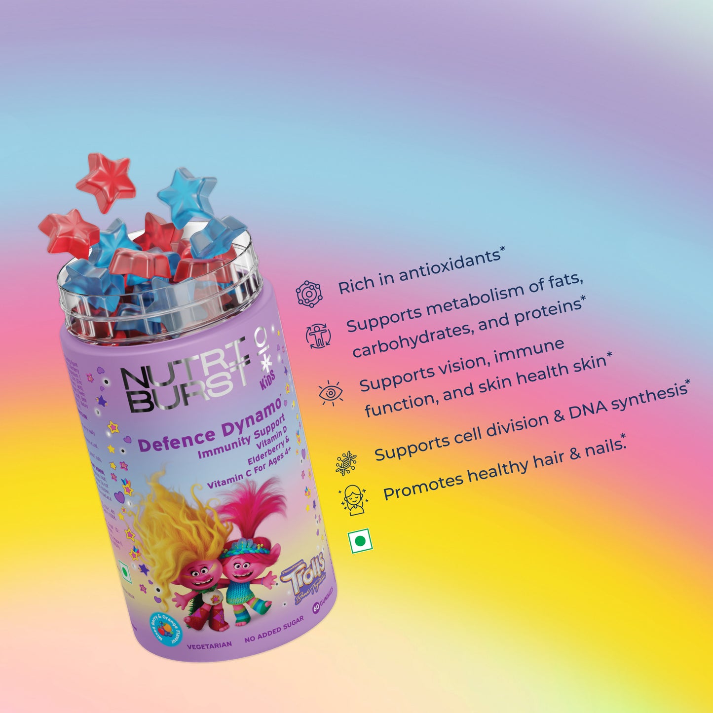 Nutriburst Defence Dynamo Trolls Gummies - Immune Boost with Vit D, C & Black Elderberry Extract - Chewable Vegan Supplement - Mixed Fruit Flavor - For Kids Aged 4+