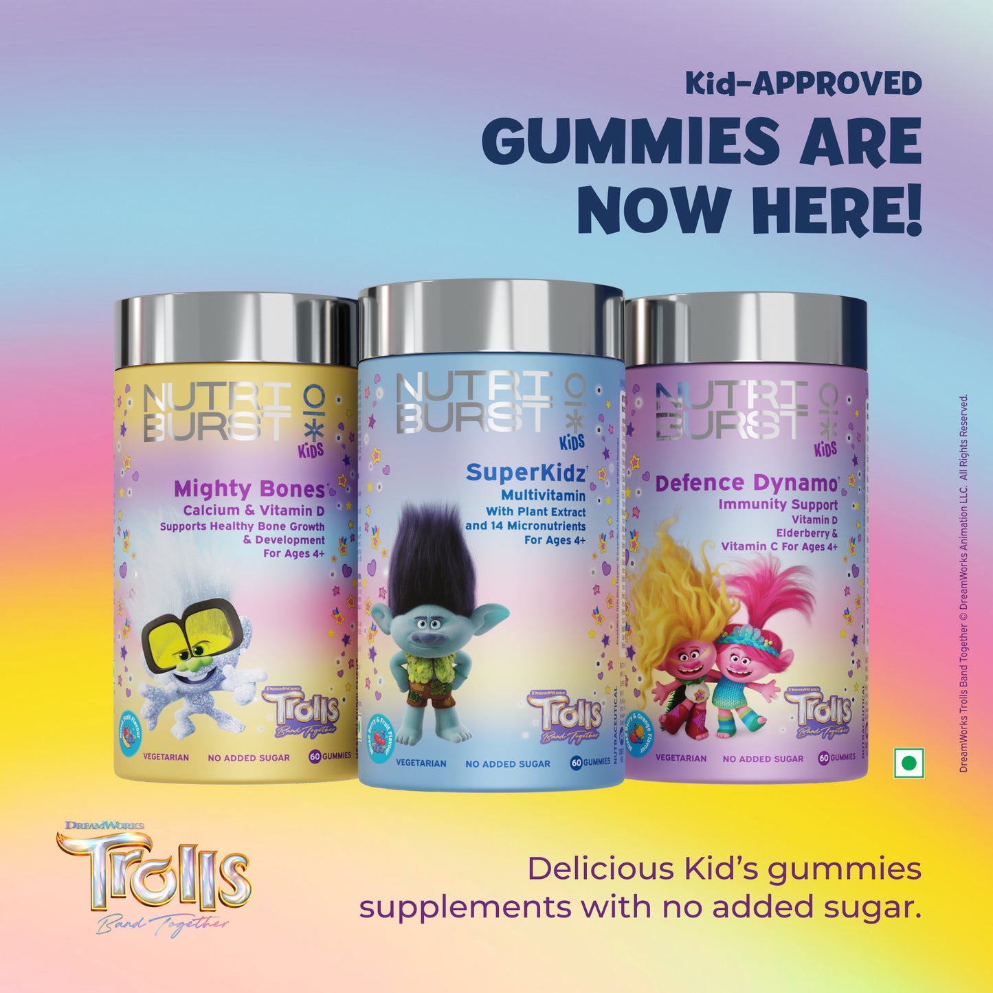 Nutriburst Defence Dynamo Trolls Gummies - Immune Boost with Vit D, C & Black Elderberry Extract - Chewable Vegan Supplement - Mixed Fruit Flavor - For Kids Aged 4+