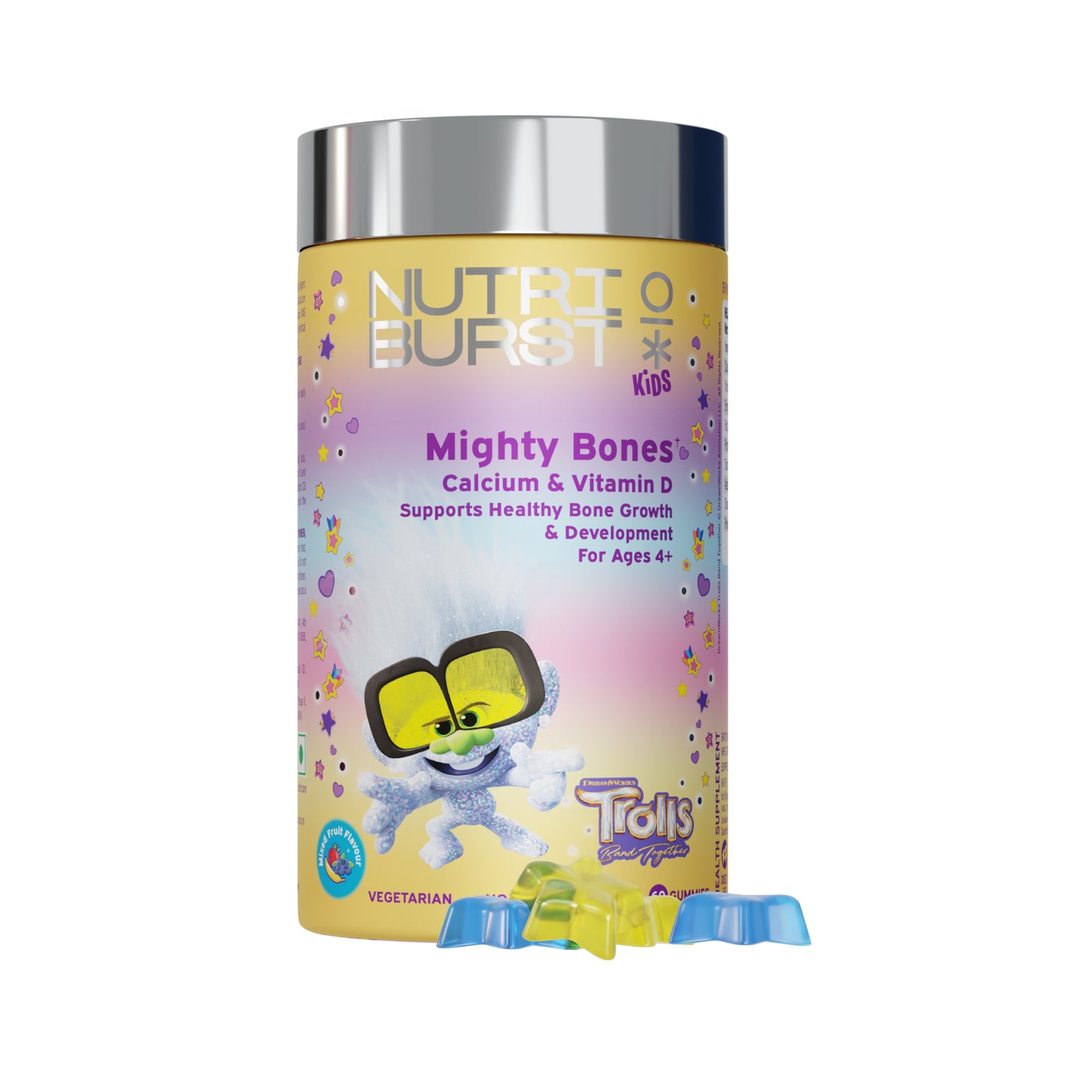 Nutriburst Mighty Bones Trolls Kids Gummies - Calcium & Vit D for Strong Bones & Immune Support - Sugar-Free, Gluten-Free, Mixed Fruit Flavor, Chewable, Vegan - For Kids Aged 4+