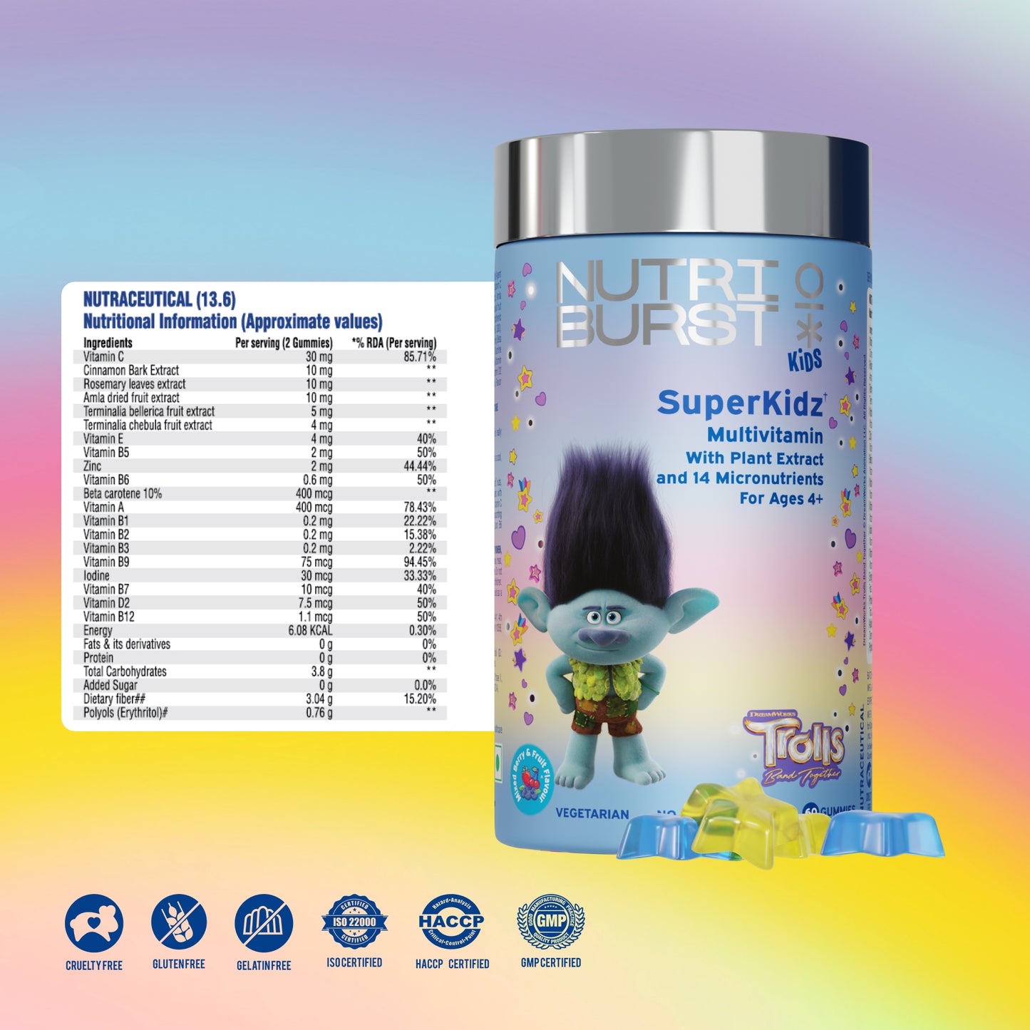 Nutriburst Super Kidz Trolls Gummies - 13 Essential Vit & Mins for Growth & Immune Support - Sugar-Free, Gluten-Free, Mixed Fruit Flavor, Chewable, Vegan - For Kids Aged 4+