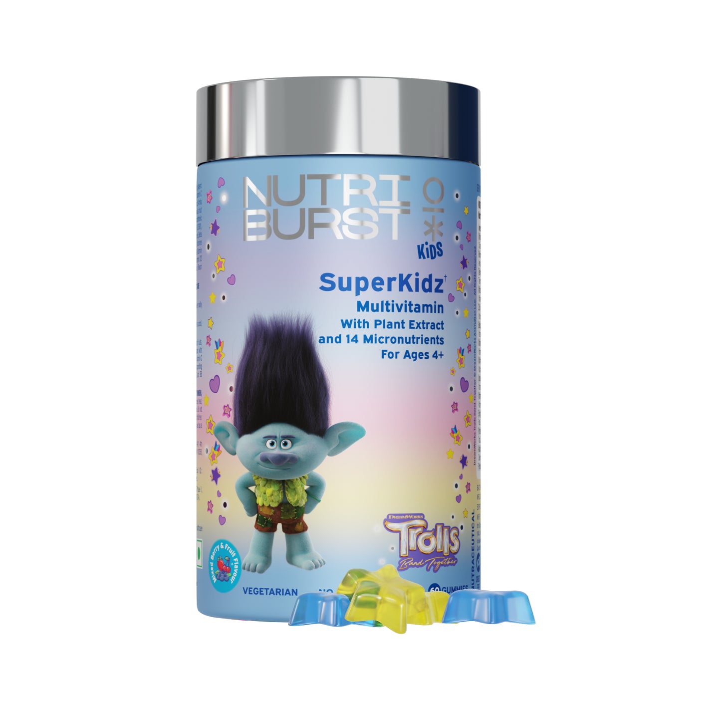 Nutriburst Super Kidz Trolls Gummies - 13 Essential Vit & Mins for Growth & Immune Support - Sugar-Free, Gluten-Free, Mixed Fruit Flavor, Chewable, Vegan - For Kids Aged 4+
