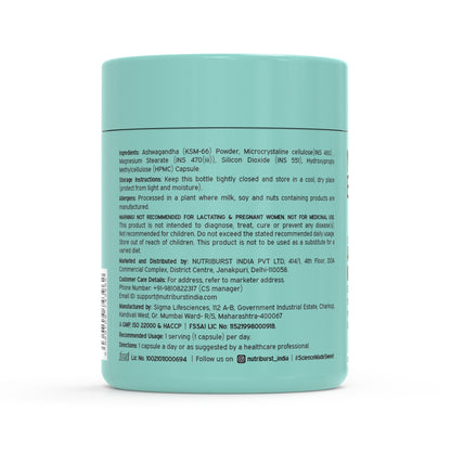 NutriBurst Ashwagandha KSM-66 | Stress, Sleep & Focus Support for Men & Women | 500 mg Root Extract | 60 Capsules