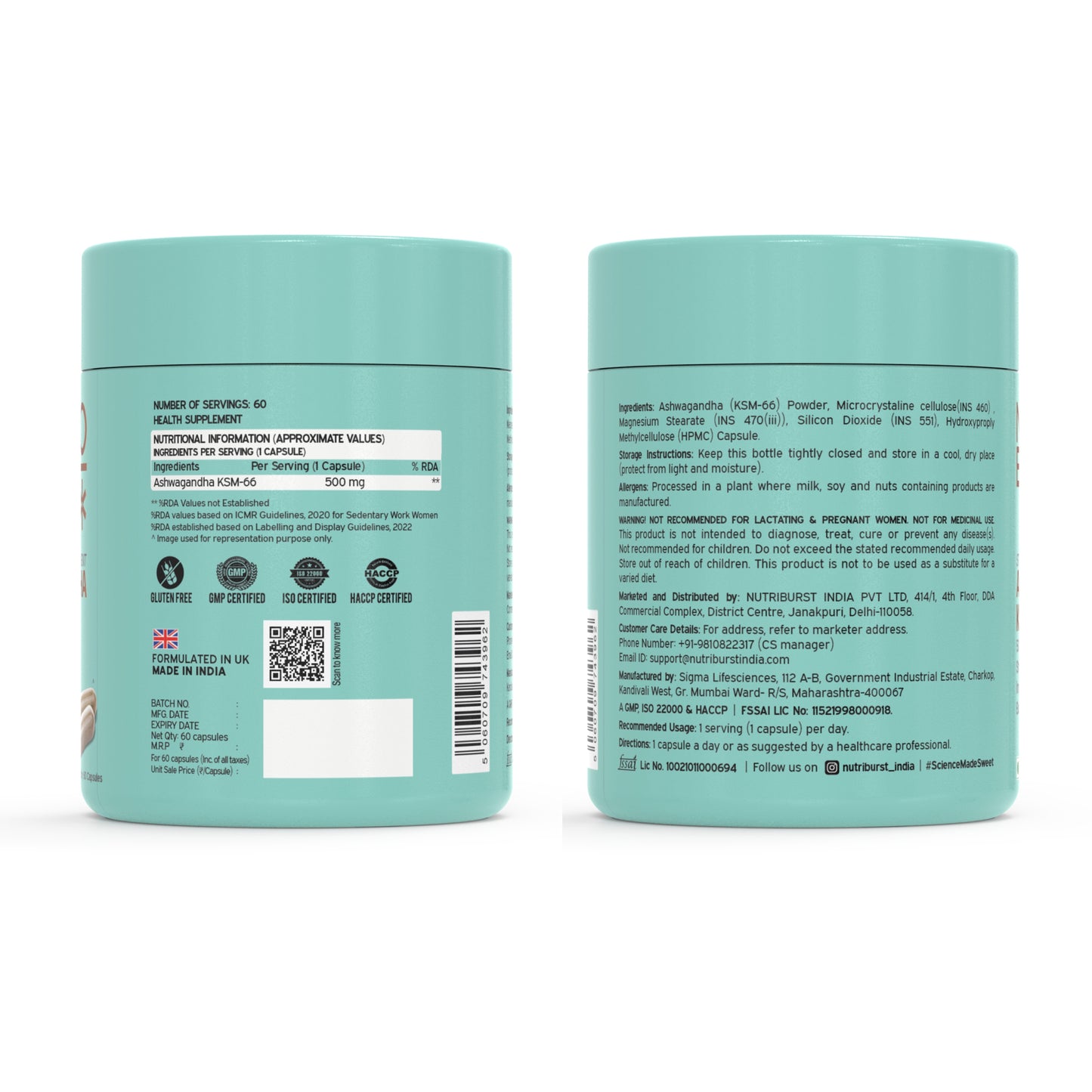 NutriBurst Ashwagandha KSM-66 | Stress, Sleep & Focus Support for Men & Women | 500 mg Root Extract | 60 Capsules