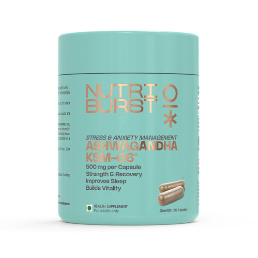 NutriBurst Ashwagandha KSM-66 | Stress, Sleep & Focus Support for Men & Women | 500 mg Root Extract | 60 Capsules