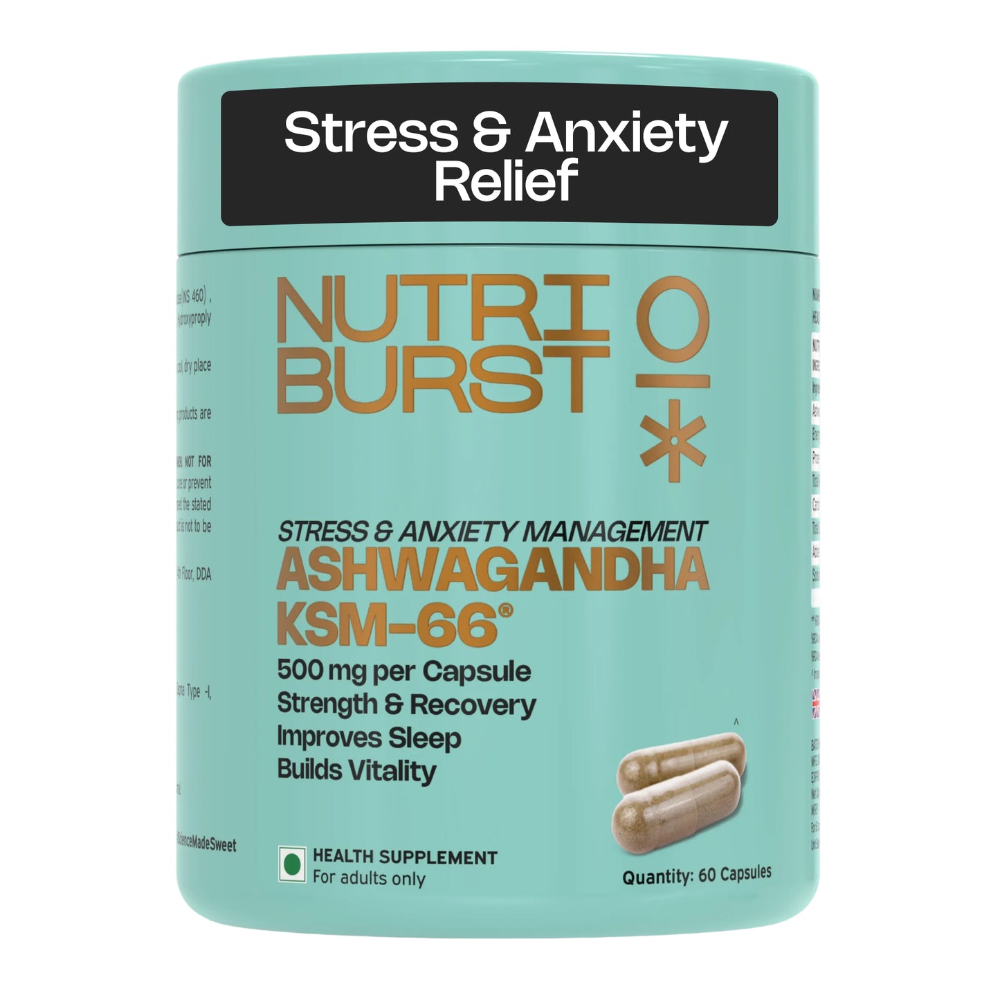 NutriBurst Ashwagandha KSM-66 | Stress, Sleep & Focus Support for Men & Women | 500 mg Root Extract | 60 Capsules