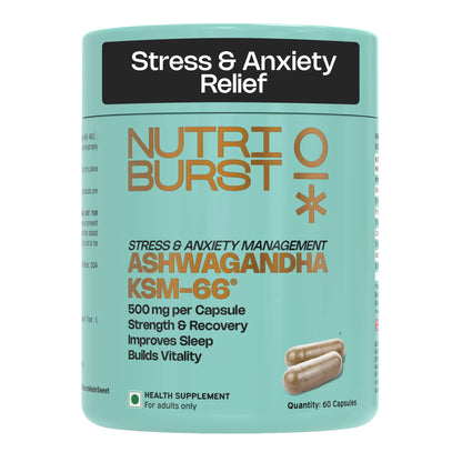 NutriBurst Ashwagandha KSM-66 | Stress, Sleep & Focus Support for Men & Women | 500 mg Root Extract | 60 Capsules