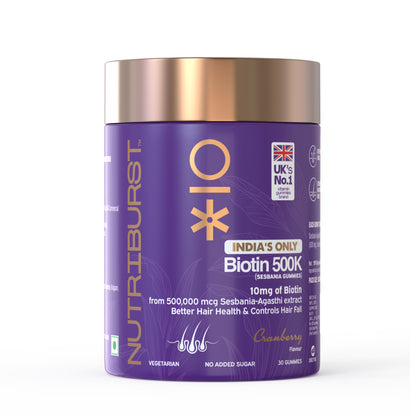 Nutriburst India's Only 10mg Biotin 500K Hair Gummies for Stronger & Shinier Hair | 30 Days Pack