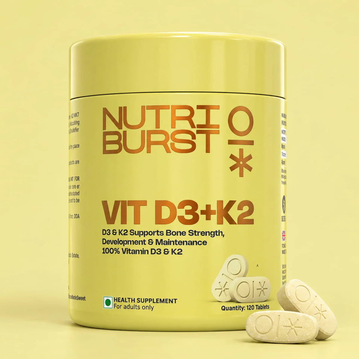 Nutriburst Vitamin D3 + K2 | Vitamin D3 K2 Supplement for Men & Women | Supports Bone Strength & Heart Health | 100% Vitamin D with K2 for Better Absorption | 120 Veg Tablets (4-Month Pack)