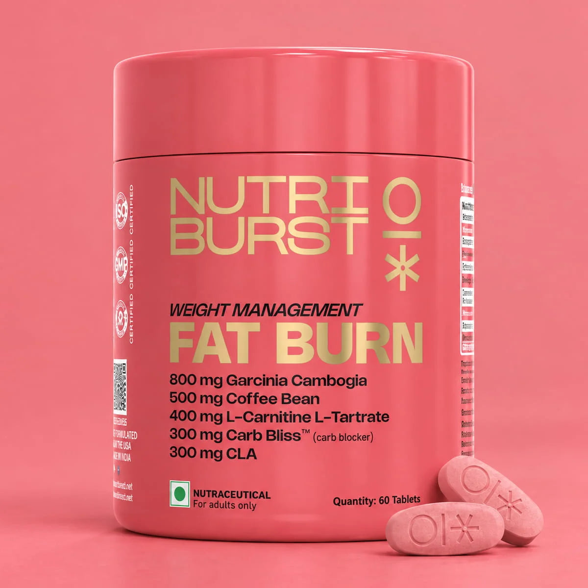 Nutriburst Fat Burn Tablets for Men & Women | Weight Management Supplement with Garcinia Cambogia, Green Coffee Bean, L-Carnitine, CLA & Carb Blocker | 60 Tablets (1-Month Pack)