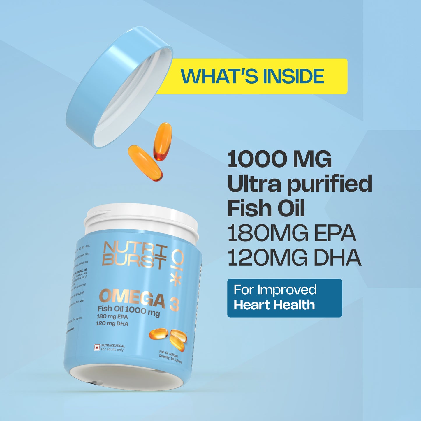 Nutriburst Single Strength Omega-3 Fish Oil Capsules 1000mg | High Strength Softgels for Men and Women | 180mg EPA and 120mg DHA | Omega3 Supplement for Heart, Brain, Skin & Joint Support | 30 Softgels (1-Month Pack) (30 count (Pack of 1))