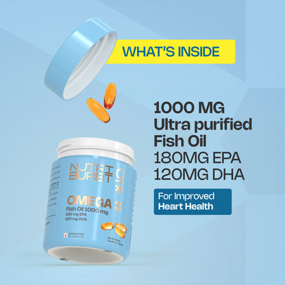 Nutriburst Single Strength Omega-3 Fish Oil Capsules 1000mg | High Strength Softgels for Men and Women | 180mg EPA and 120mg DHA | Omega3 Supplement for Heart, Brain, Skin & Joint Support | 30 Softgels (1-Month Pack) (30 count (Pack of 1))