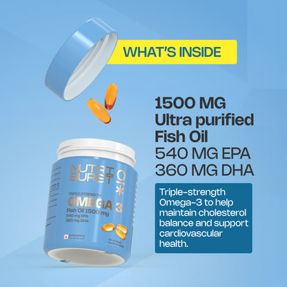 Nutriburst Triple Strength Omega-3 Fish Oil Capsules 1500mg | High Strength Softgels for Men and Women | 540mg EPA and 360mg DHA | Omega3 Supplement for Heart, Brain, Skin & Joint Support | 60 S