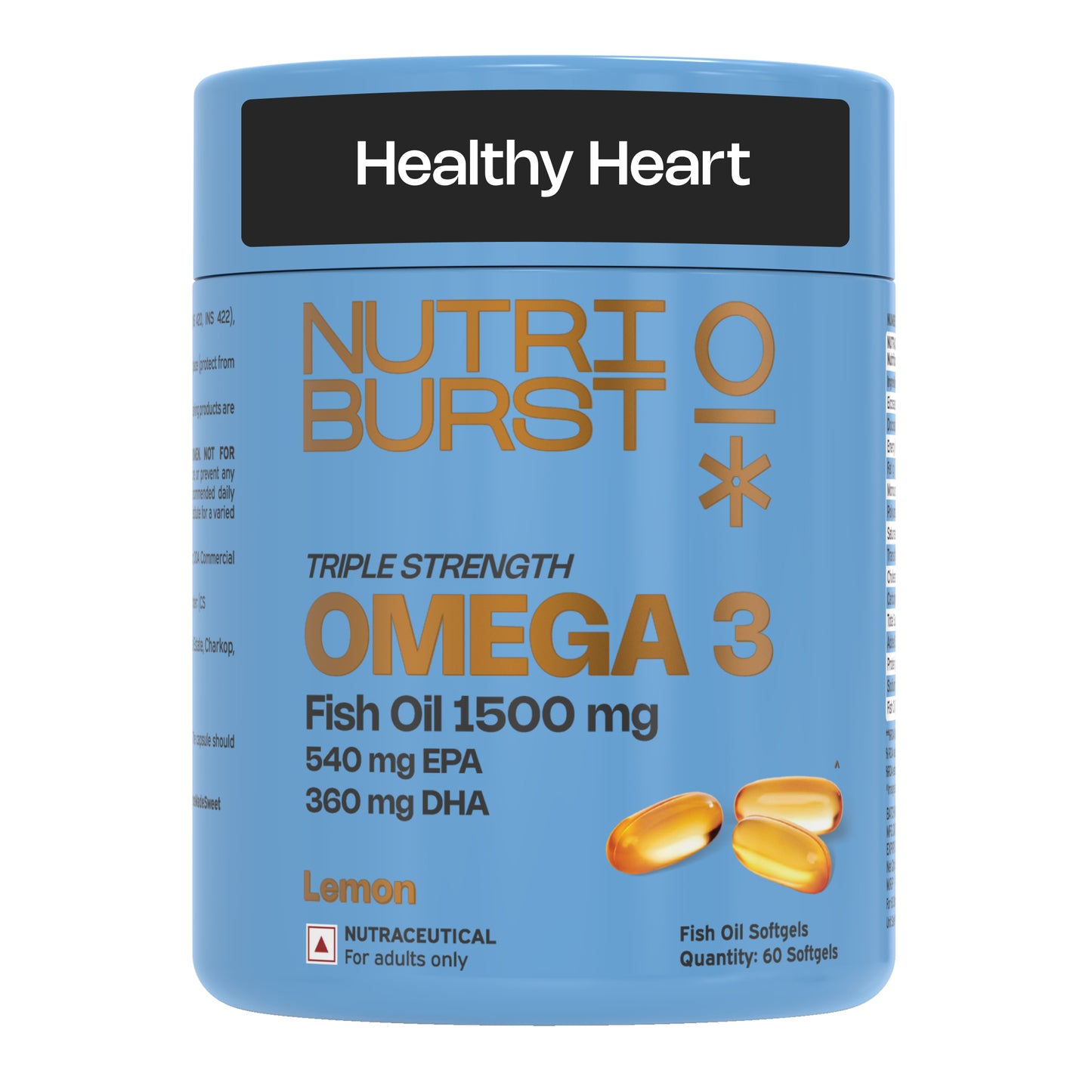 Nutriburst Triple Strength Omega-3 Fish Oil Capsules 1500mg | High Strength Softgels for Men and Women | 540mg EPA and 360mg DHA | Omega3 Supplement for Heart, Brain, Skin & Joint Support | 60 S