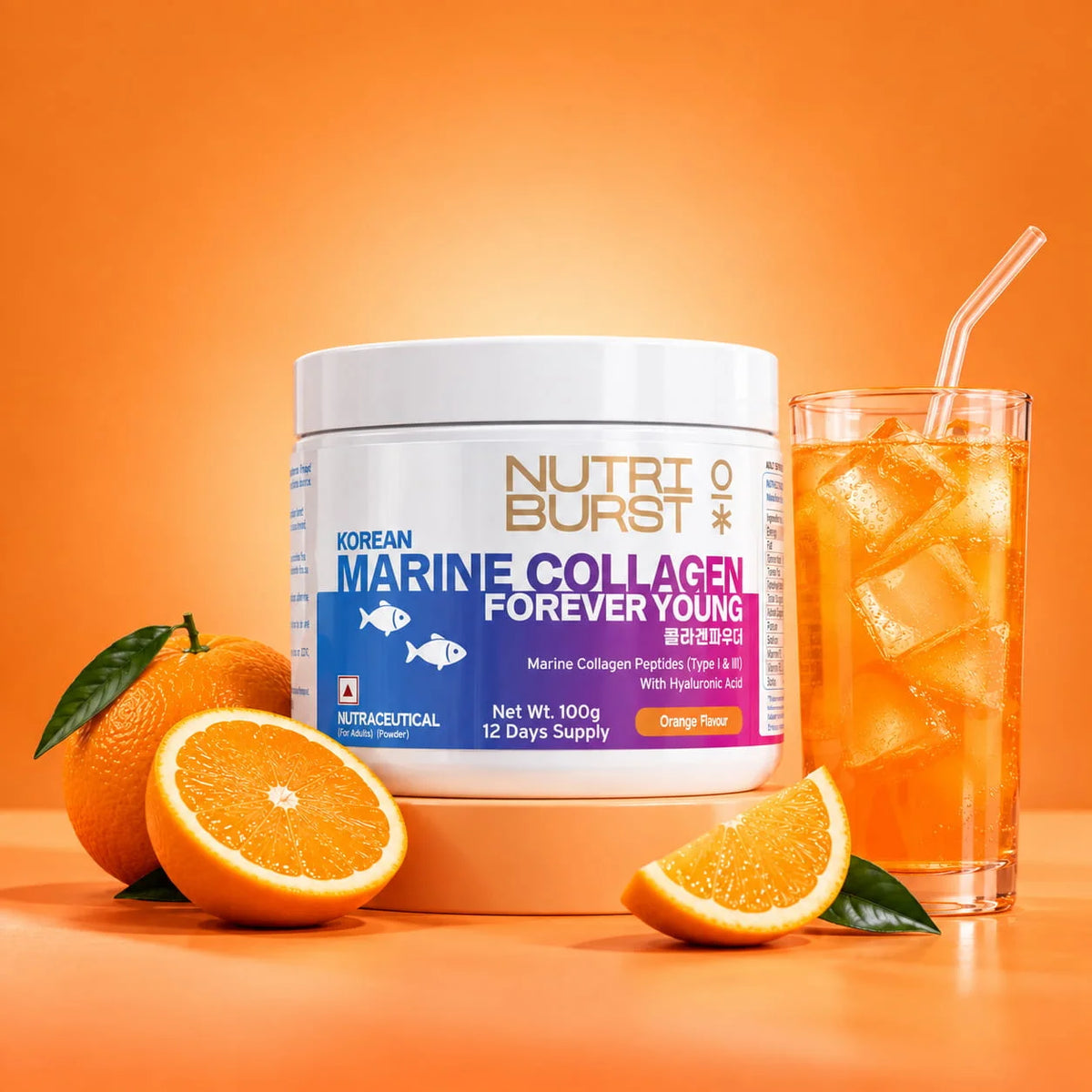 Nutriburst Korean Marine Collagen Peptides Supplement for Skin, Hair, Nails & Joints | Clinically Proven Ingredient | High Absorption 8 gms Collagen, 100 gms
