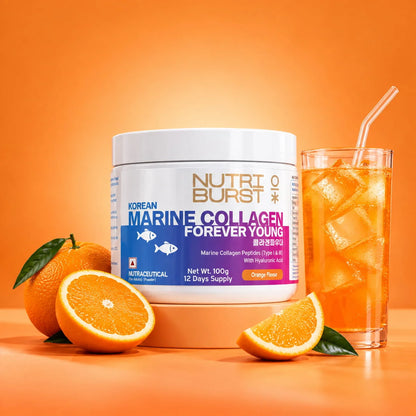 Nutriburst Korean Marine Collagen Peptides Supplement for Skin, Hair, Nails & Joints | Clinically Proven Ingredient | High Absorption 8 gms Collagen, 100 gms