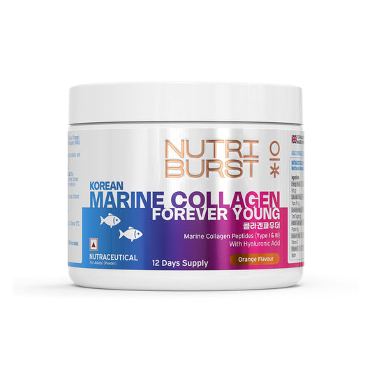 Nutriburst Korean Marine Collagen Peptides Supplement for Skin, Hair, Nails & Joints | Clinically Proven Ingredient | High Absorption 8 gms Collagen, 100 gms