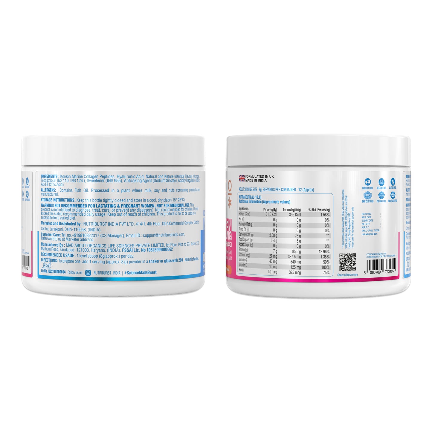 Nutriburst Korean Marine Collagen Peptides Supplement for Skin, Hair, Nails & Joints | Clinically Proven Ingredient | High Absorption 8 gms Collagen, 100 gms