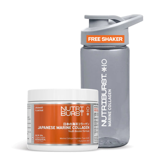 Nutriburst Pure Japanese Marine Collagen Peptides Supplement for Skin, Hair, Nails & Joints with Shaker | Clinically Proven Ingredient | High Absorption 8 gms Collagen, 100 gms