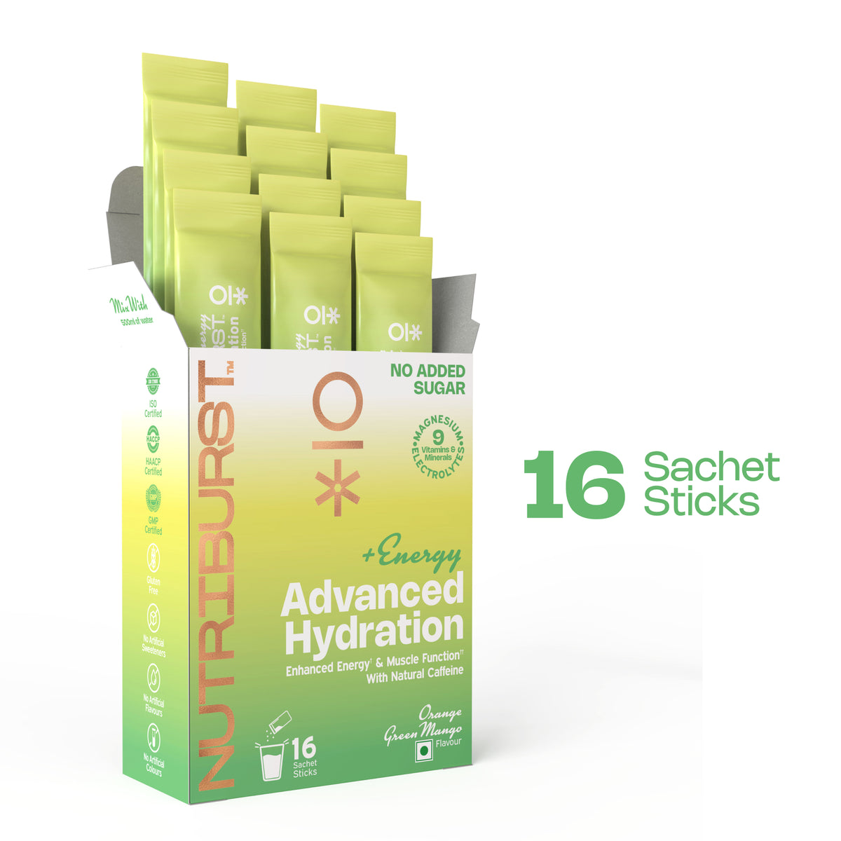 Nutriburst Advanced Hydration & Energy Electrolyte Powder Drink Mix | 9 Vitamins & Minerals | Natural Caffeine | No Added Sugar | Green Mango & Orange Flavour
