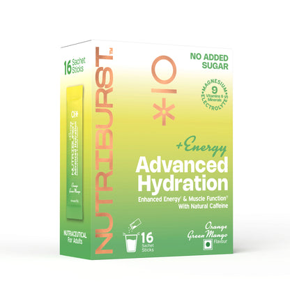 Nutriburst Advanced Hydration & Energy Electrolyte Powder Drink Mix | 9 Vitamins & Minerals | Natural Caffeine | No Added Sugar | Green Mango & Orange Flavour