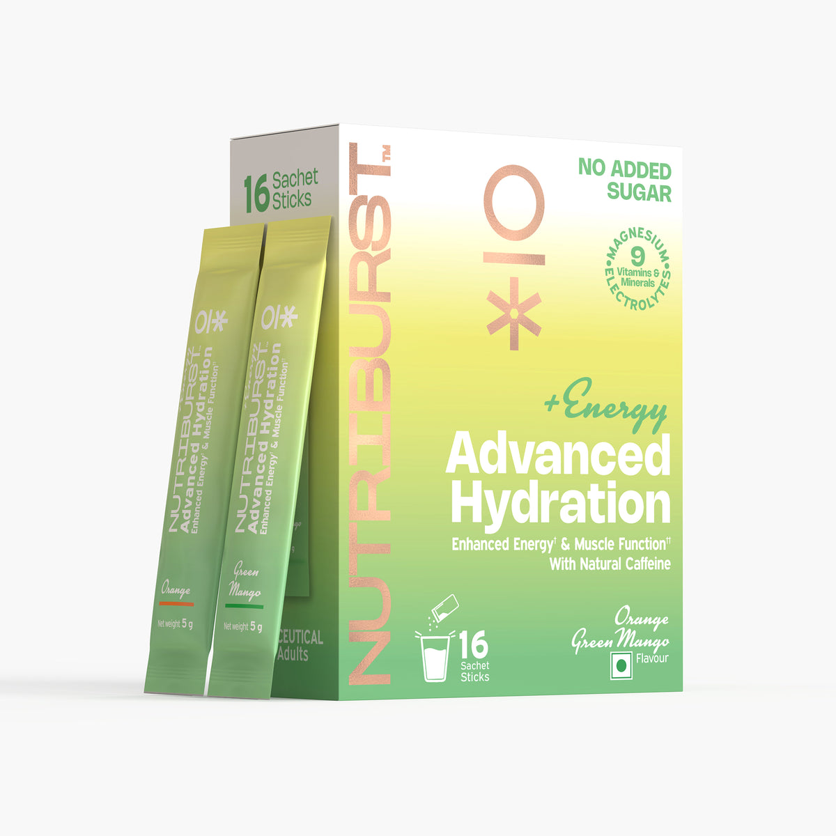 Nutriburst Advanced Hydration & Energy Electrolyte Powder Drink Mix | 9 Vitamins & Minerals | Natural Caffeine | No Added Sugar | Green Mango & Orange Flavour