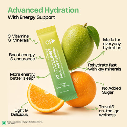 Nutriburst Advanced Hydration & Energy Electrolyte Powder Drink Mix | 9 Vitamins & Minerals | Natural Caffeine | No Added Sugar | Green Mango & Orange Flavour