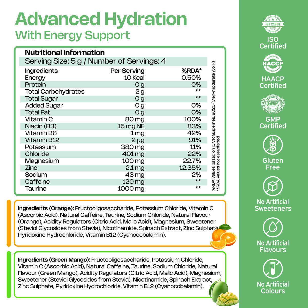 Nutriburst Advanced Hydration & Energy Electrolyte Powder Drink Mix | 9 Vitamins & Minerals | Natural Caffeine | No Added Sugar | Green Mango & Orange Flavour
