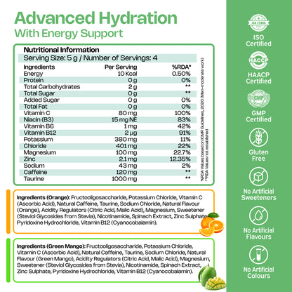 Nutriburst Advanced Hydration & Energy Electrolyte Powder Drink Mix | 9 Vitamins & Minerals | Natural Caffeine | No Added Sugar | Green Mango & Orange Flavour