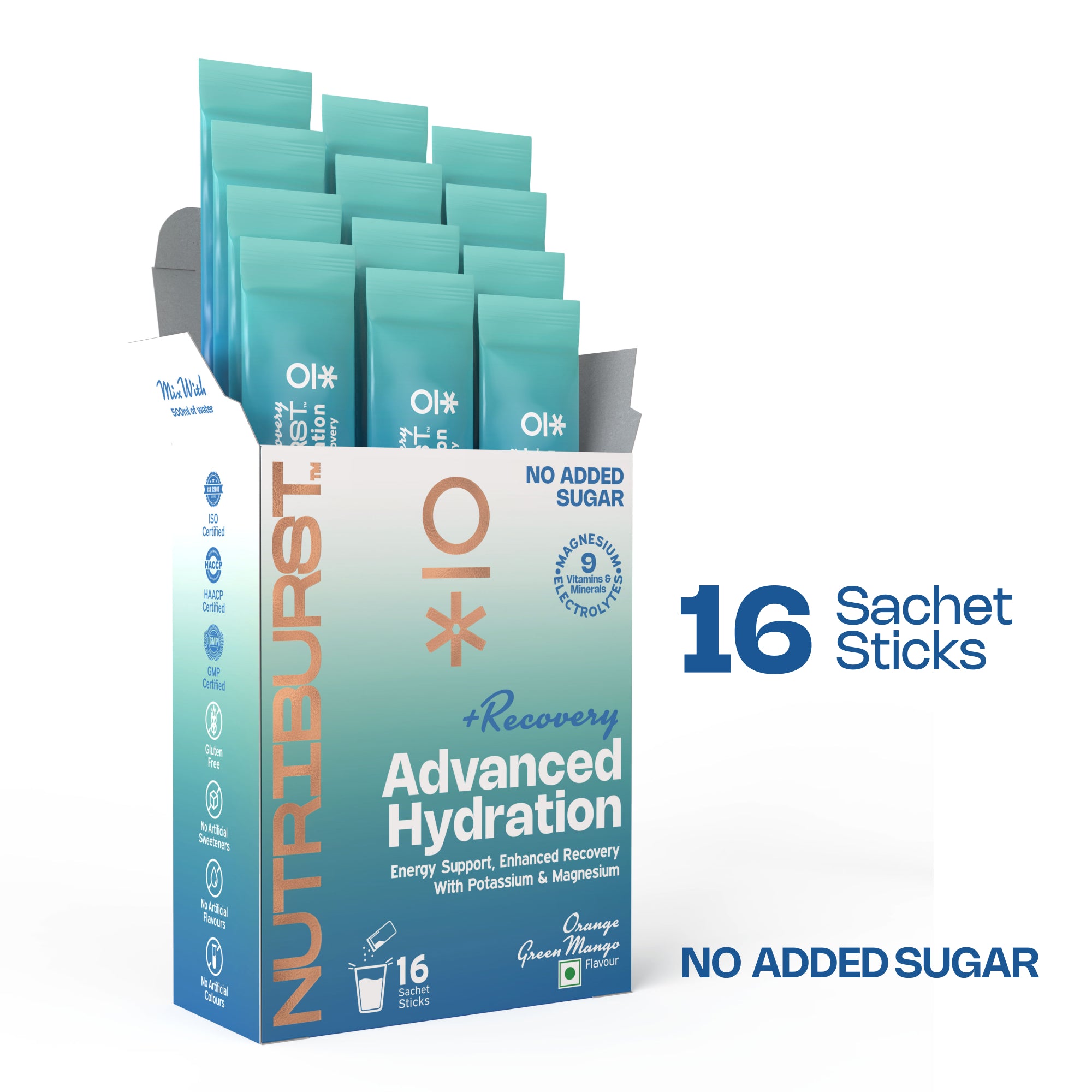Nutriburst Advanced Hydration & Recovery Electrolyte Powder Drink Mix | 9 Vitamins & Minerals | No Added Sugar | Green Mango & Orange