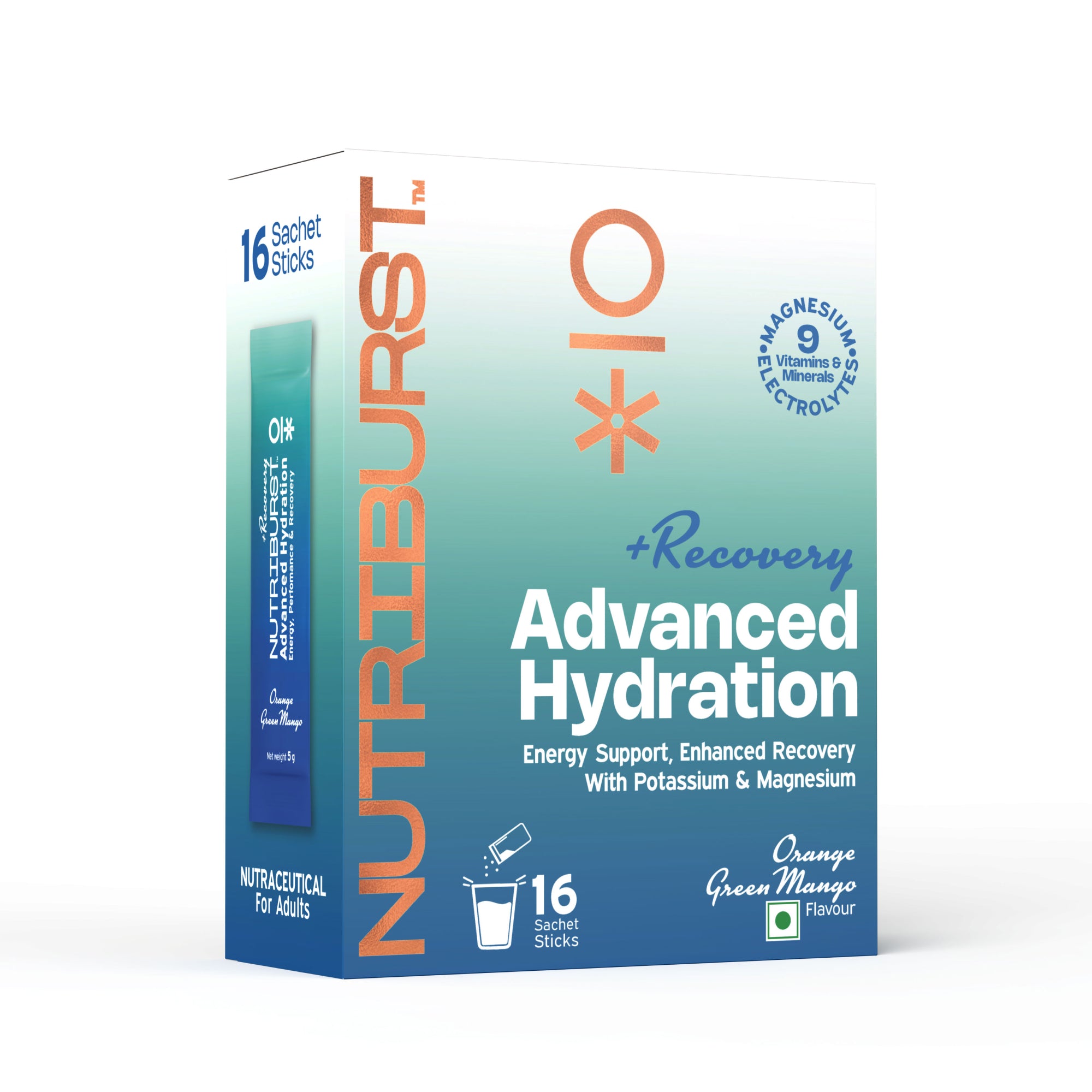 Nutriburst Advanced Hydration & Recovery Electrolyte Powder Drink Mix | 9 Vitamins & Minerals | No Added Sugar | Green Mango & Orange