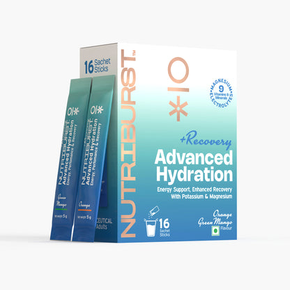 Nutriburst Advanced Hydration & Recovery Electrolyte Powder Drink Mix | 9 Vitamins & Minerals | No Added Sugar | Green Mango & Orange