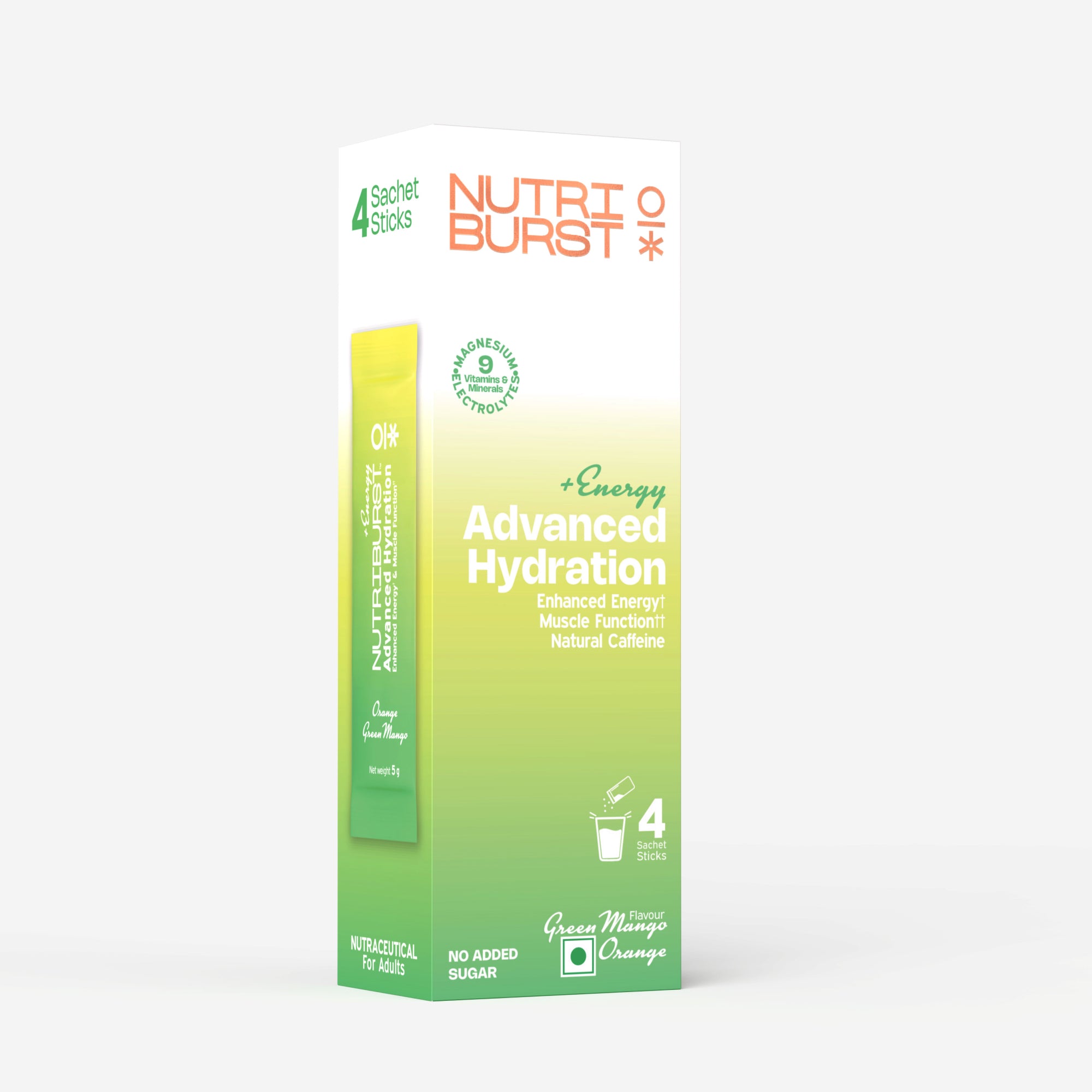 Nutriburst Advanced Hydration & Energy Electrolyte Powder Drink Mix | 9 Vitamins & Minerals | Natural Caffeine | No Added Sugar | Green Mango & Orange Flavour