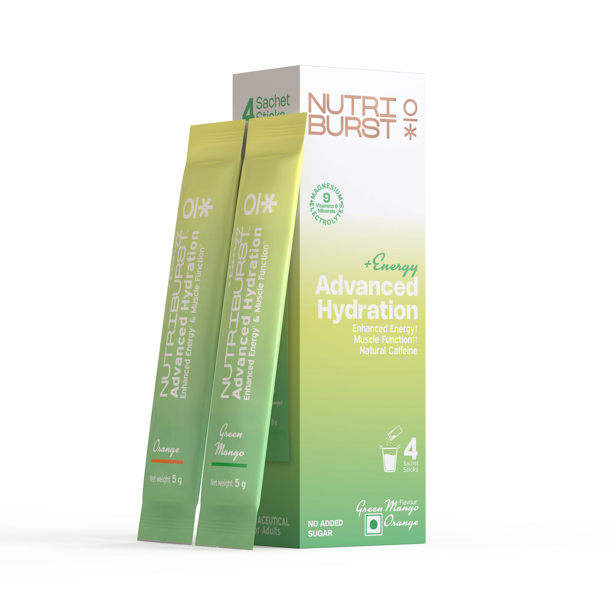 Nutriburst Advanced Hydration & Energy Electrolyte Powder Drink Mix | 9 Vitamins & Minerals | Natural Caffeine | No Added Sugar | Green Mango & Orange Flavour