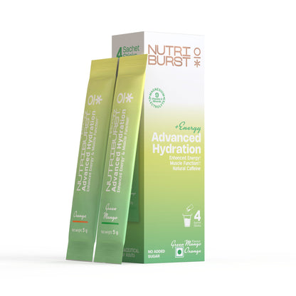 Nutriburst Advanced Hydration & Energy Electrolyte Powder Drink Mix | 9 Vitamins & Minerals | Natural Caffeine | No Added Sugar | Green Mango & Orange Flavour