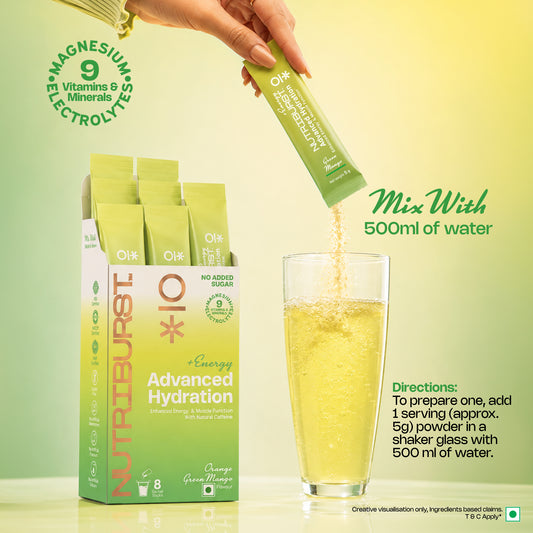 Nutriburst Advanced Hydration & Energy Electrolyte Powder Drink Mix | 9 Vitamins & Minerals | Natural Caffeine | No Added Sugar | Green Mango & Orange Flavour