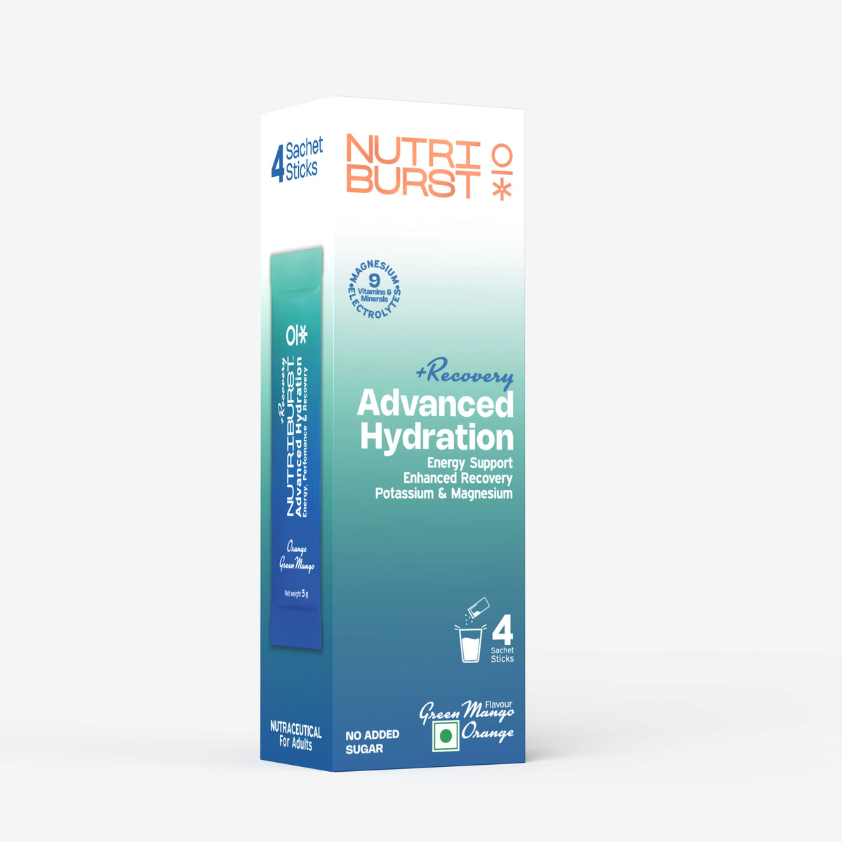Nutriburst Advanced Hydration & Recovery Electrolyte Powder Drink Mix | 9 Vitamins & Minerals | No Added Sugar | Green Mango & Orange